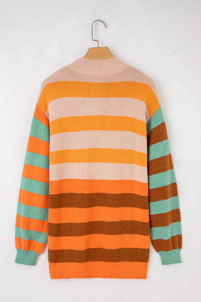 Stripe Color Block High Neck Drop Shoulder Cozy Sweater
