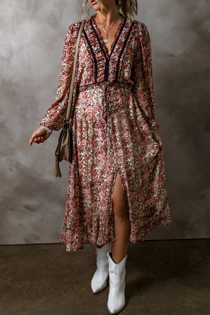 Floral Print V Neck Bishop Sleeve High Waist Midi Dress