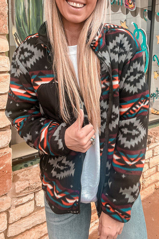 Black Aztec Print Zip Up Western Fleece Jacket