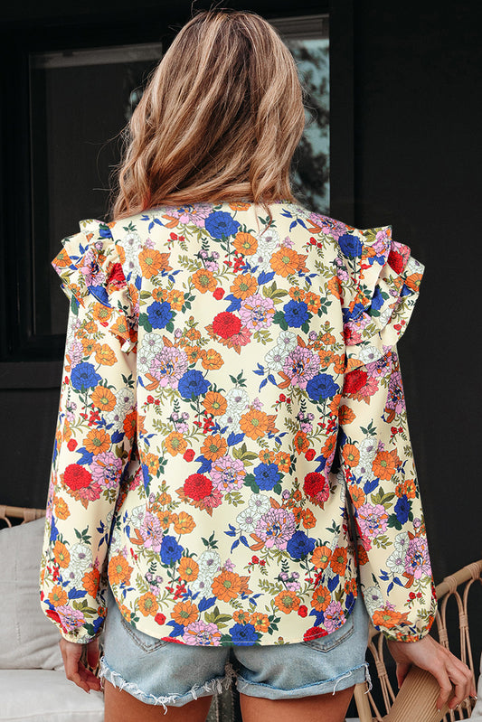 Apricot Ruffled Shoulder Long Sleeve Floral Blouse
