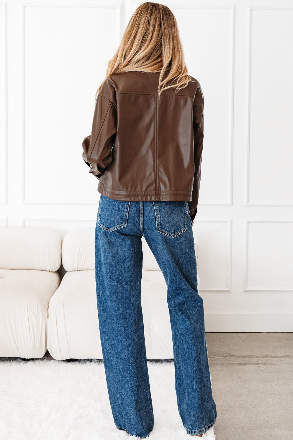 Double Flap Pocket Drawstring Hem Leather Jacket