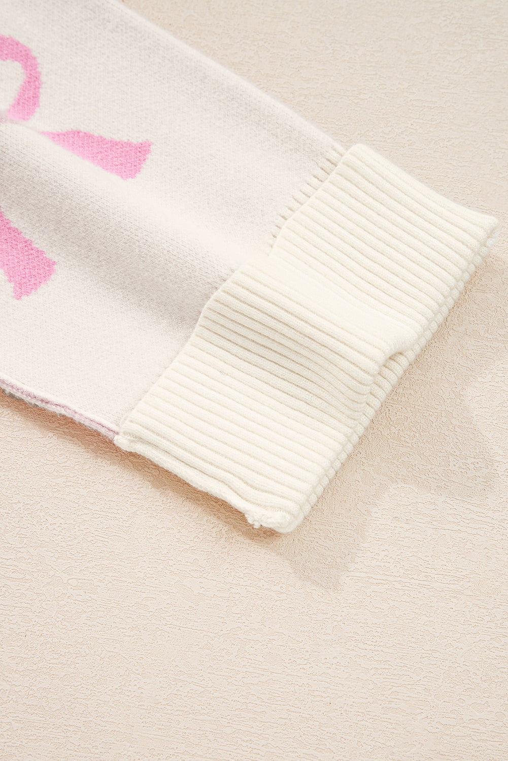 Pink Bow Print Ribbed Trim Casual Loose Sweater