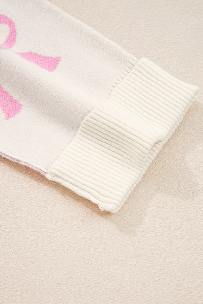 Pink Bow Print Ribbed Trim Casual Loose Sweater