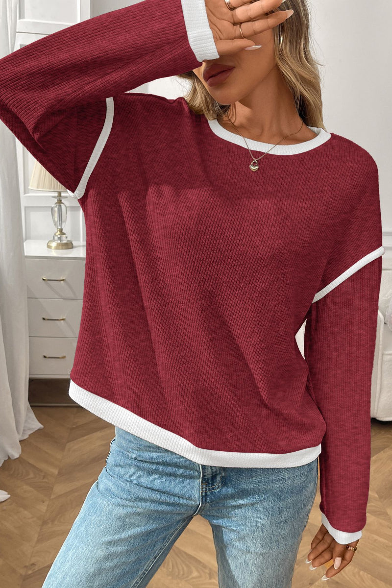 Colorblock Knit Look Crewneck Pullover Top