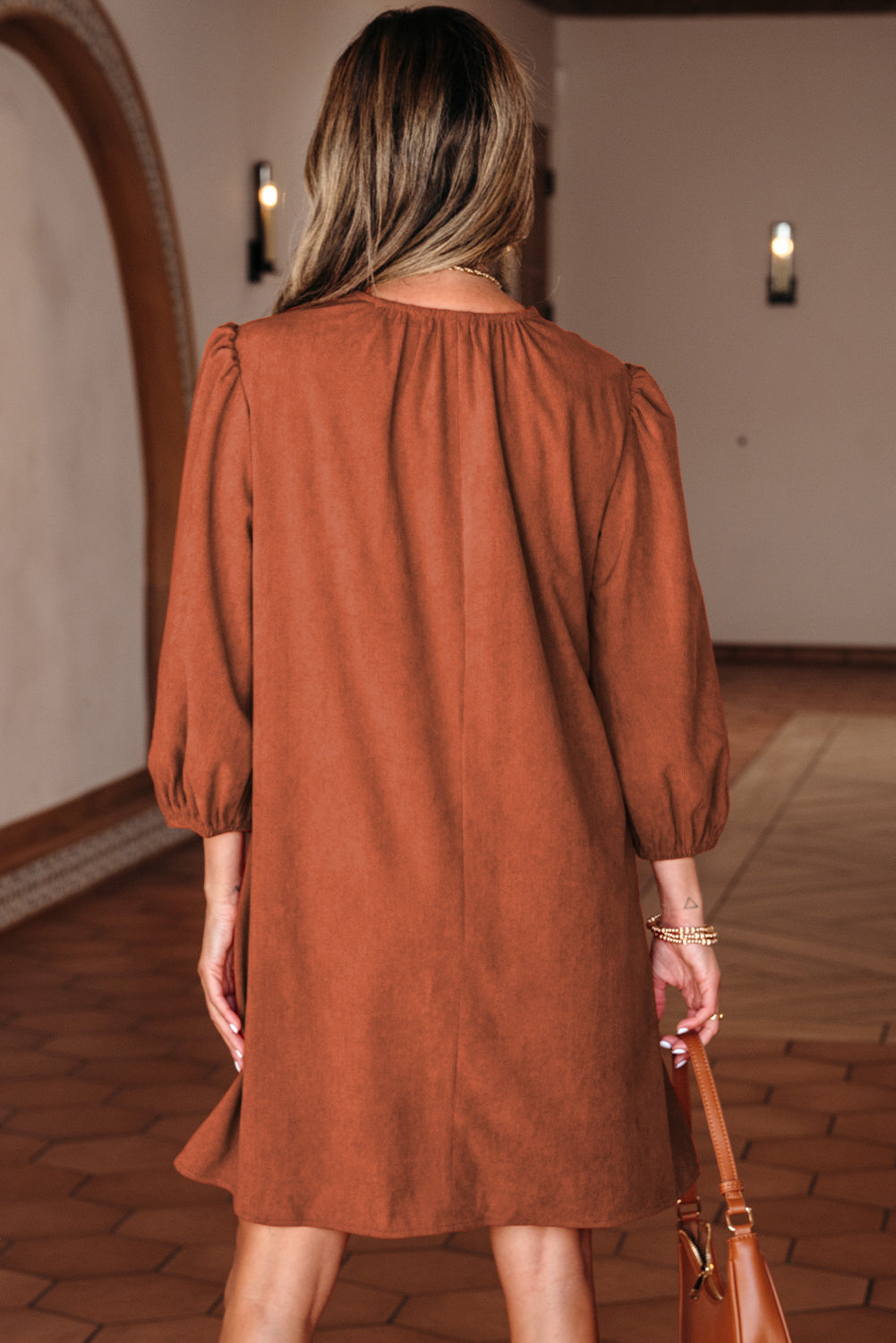 Bracelet Sleeve Split Neck Scallop Pleated Mini Dress