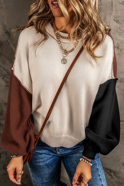 Colorblock Bishop Sleeve Ribbed Trim Sweater