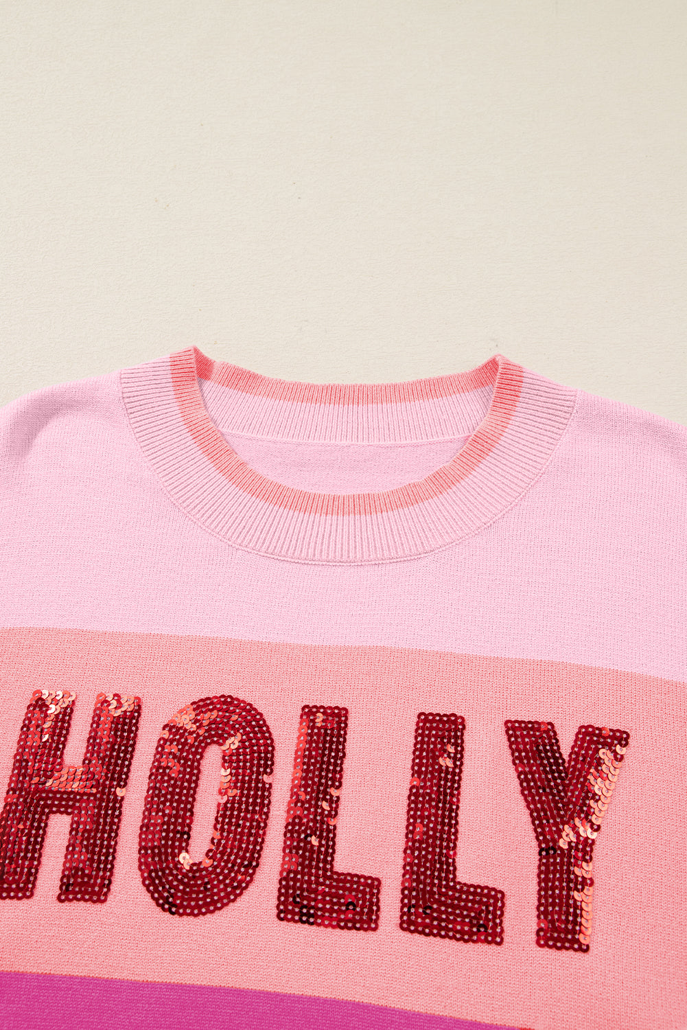 Sequined HOLLY JOLLY Color Block Crew Neck Sweater
