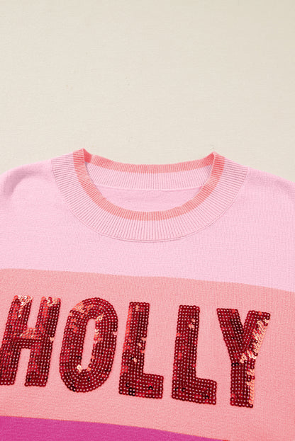 Sequined HOLLY JOLLY Color Block Crew Neck Sweater