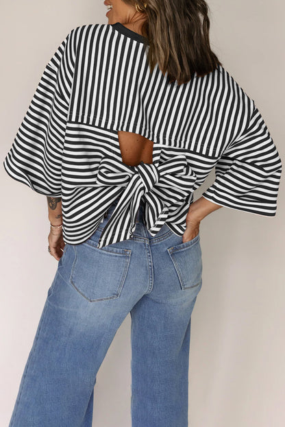 Striped Bow Back Cutout Wide Sleeve Loose Top