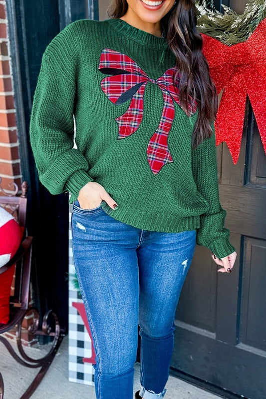 Plaid Bow Graphic Evergreen Christmas Sweater