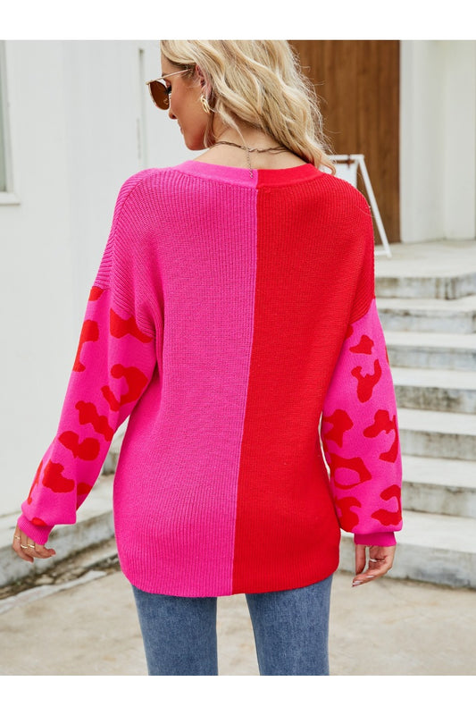 Color Block Leopard Print V Neck Sweater for Women