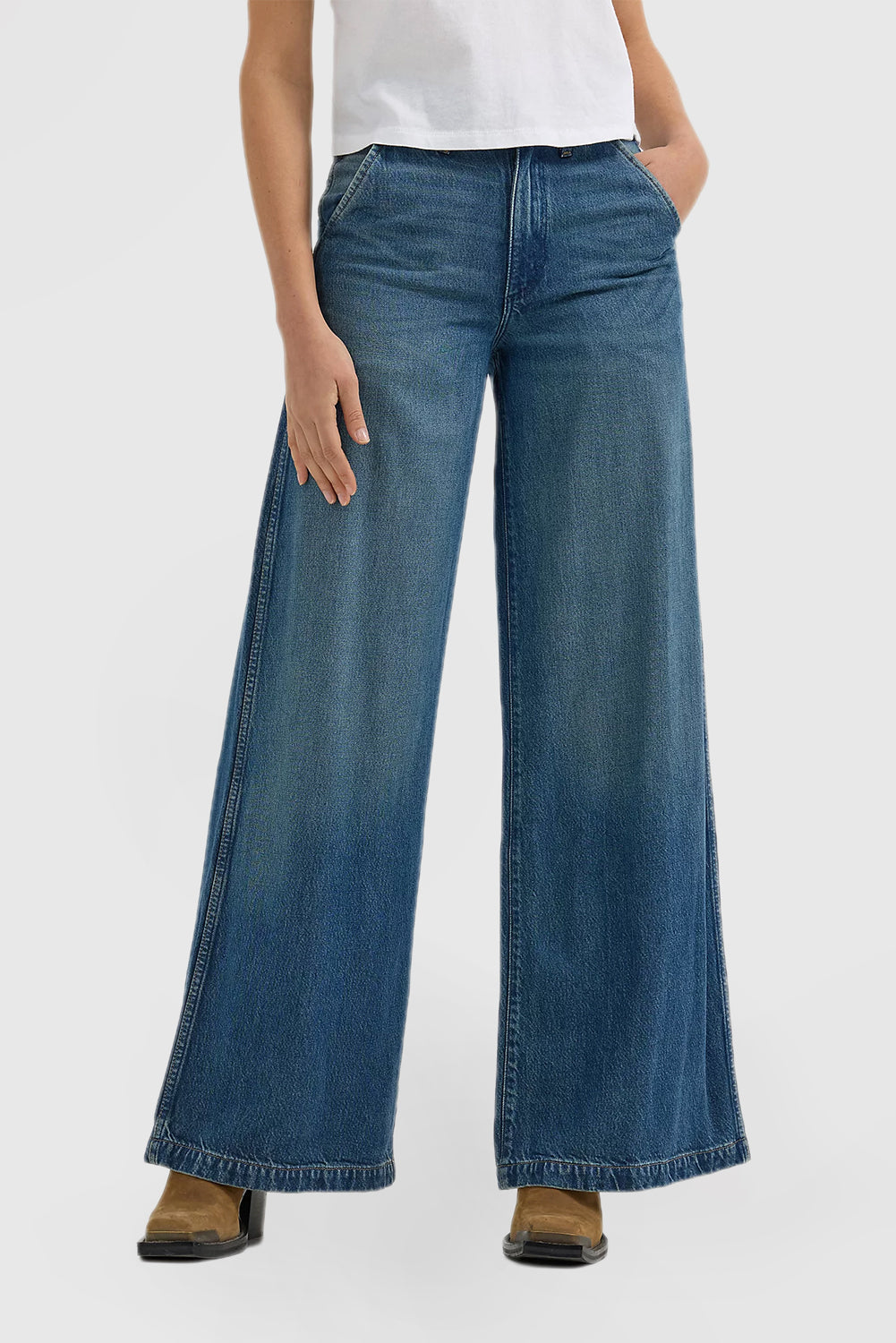 Blue High Waisted Women's Jeans Fitted Wide Leg Pants