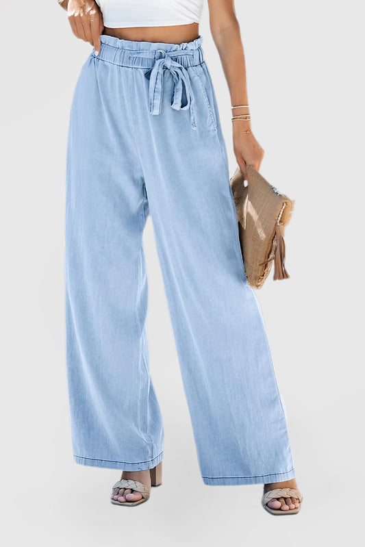 Women's High-Rise Wide-Leg Drawstring Denim Pants