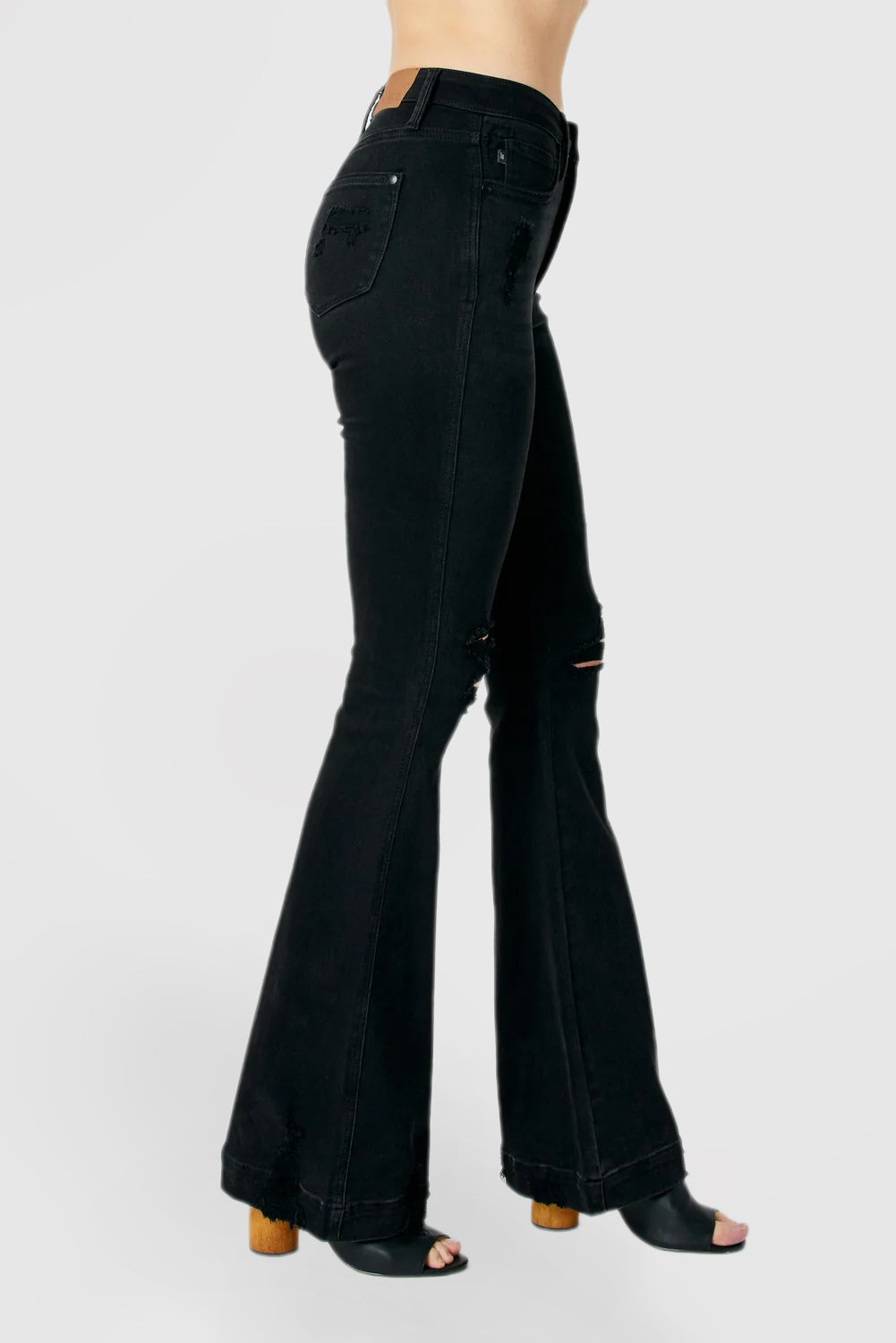 High-Rise Black Jeans with Tummy Control and Distressed Details