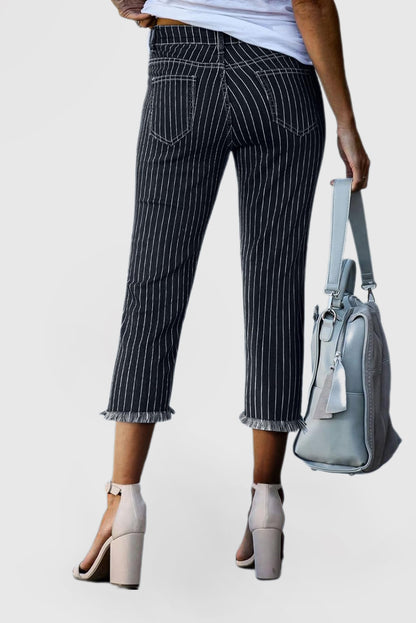Women's Capri Jeans Stretchy Straight Leg Denim Pants White Stripe