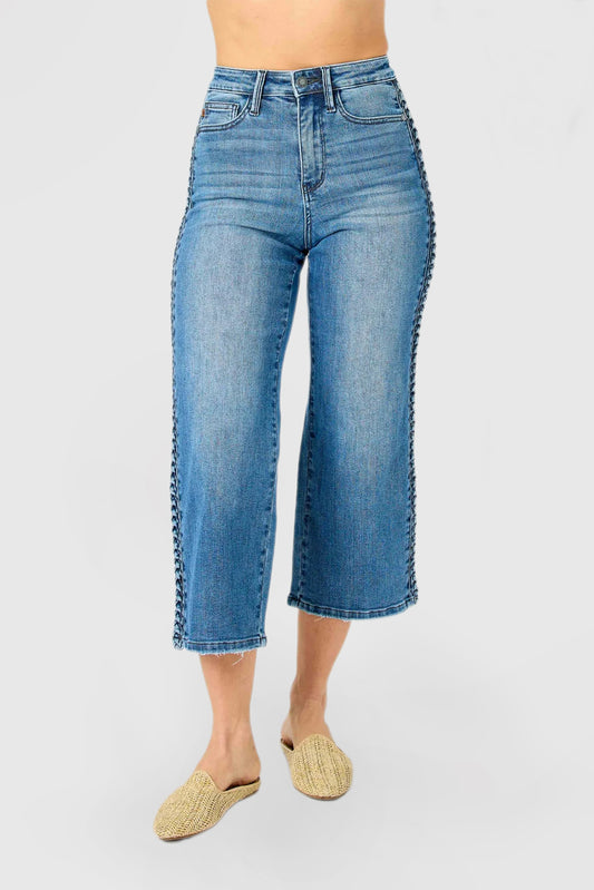 High-Rise Cropped Wide-Leg Jeans with Braid Accent