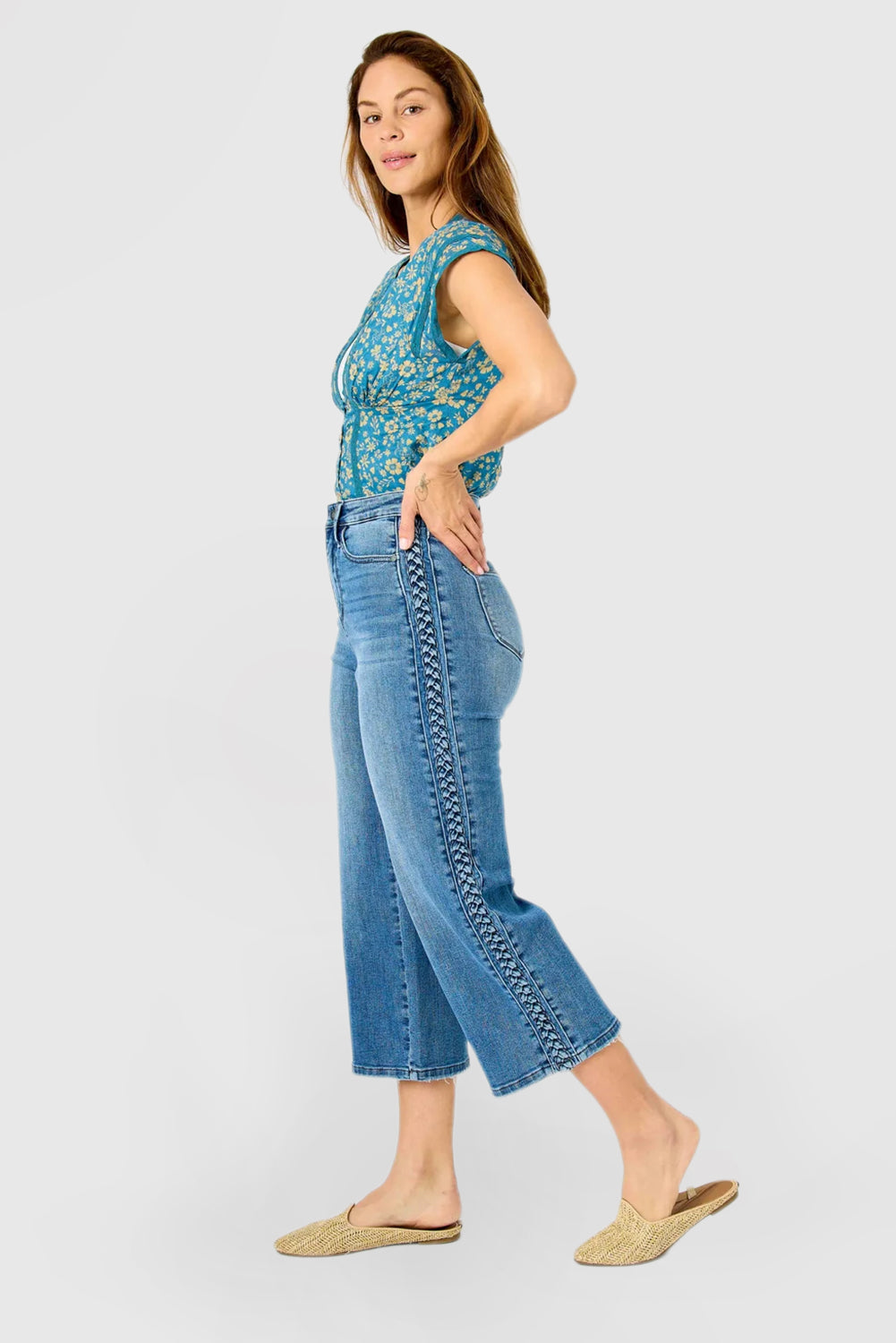 High-Rise Cropped Wide-Leg Jeans with Braid Accent
