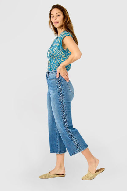 High-Rise Cropped Wide-Leg Jeans with Braid Accent