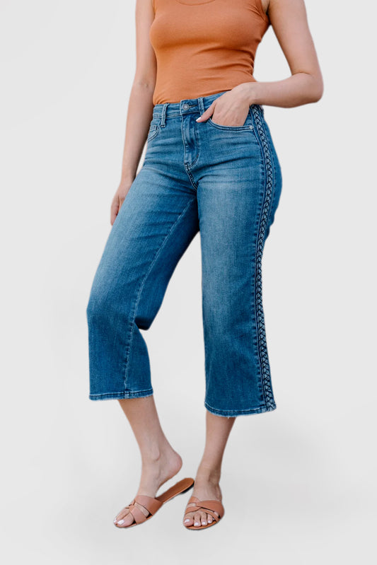 High-Rise Cropped Wide-Leg Jeans with Braid Accent
