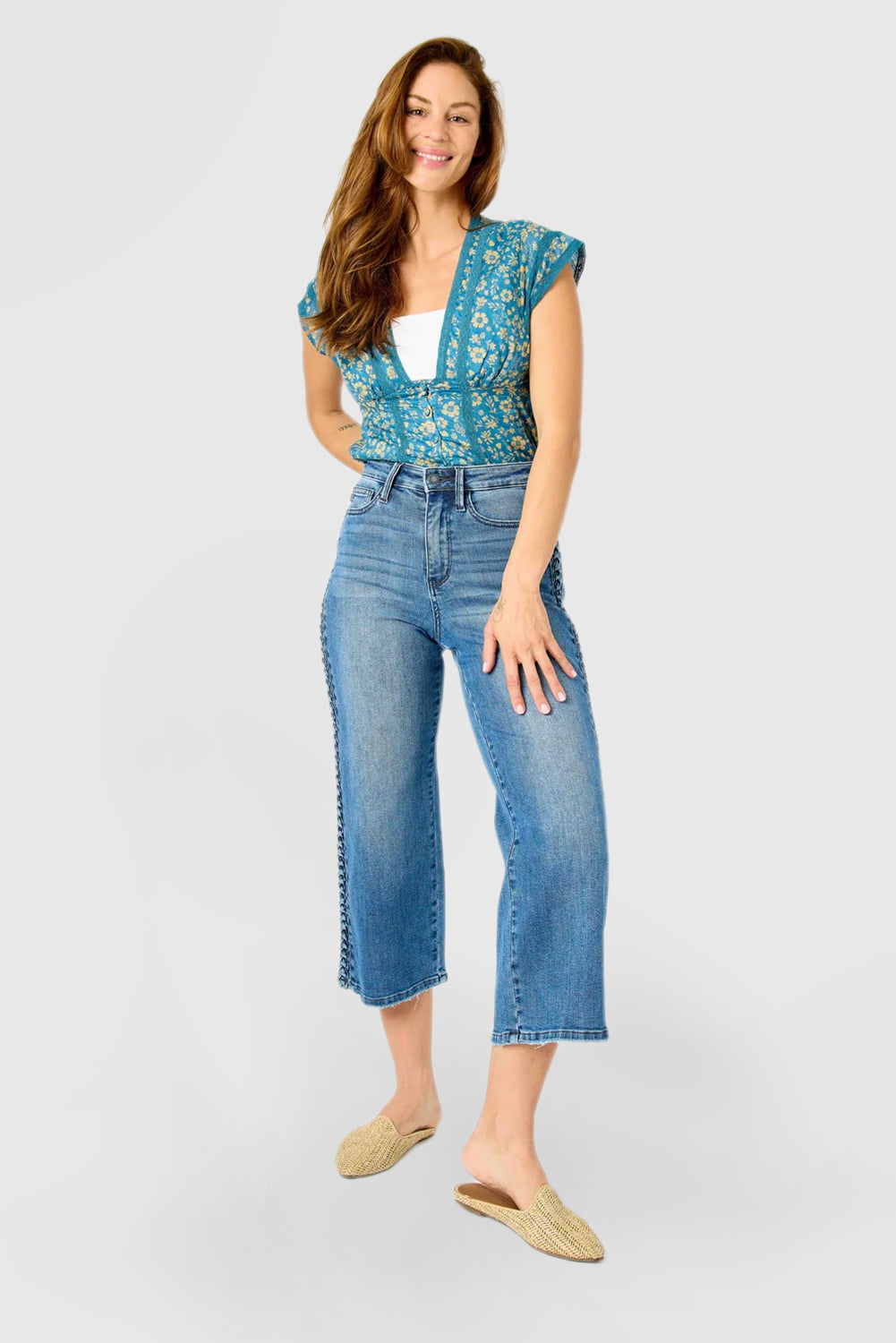 High-Rise Cropped Wide-Leg Jeans with Braid Accent