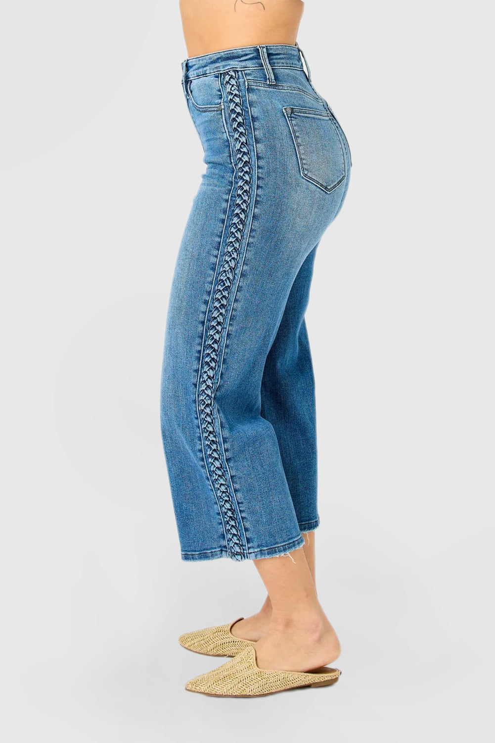 High-Rise Cropped Wide-Leg Jeans with Braid Accent