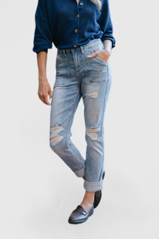 High Rise Jeans with Patch Pockets and Ripped Detailing