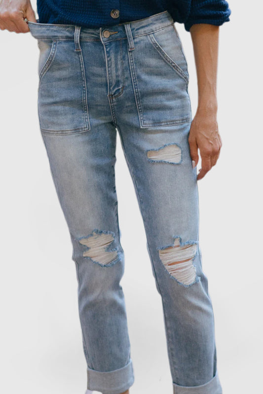High Rise Jeans with Patch Pockets and Ripped Detailing