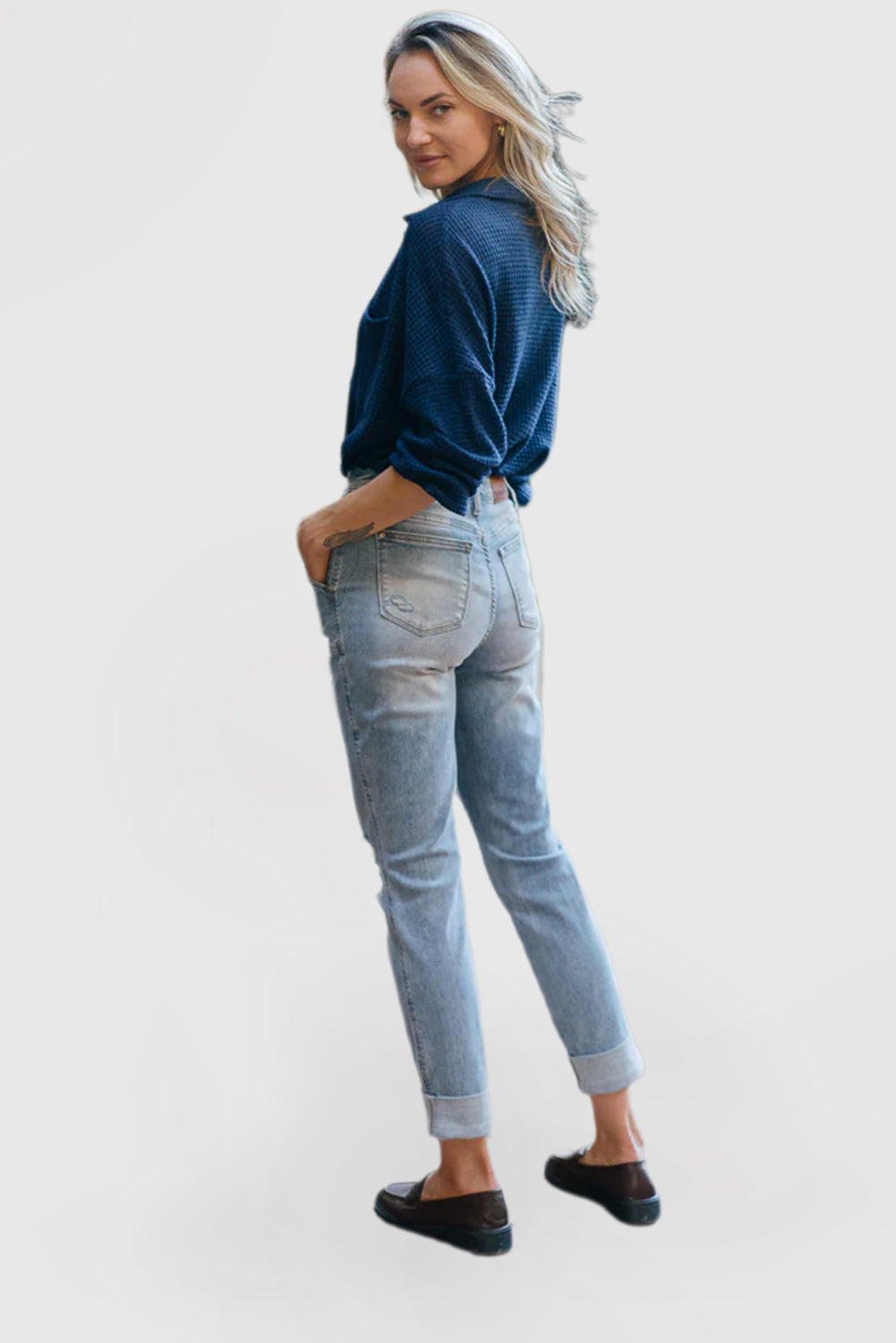 High Rise Jeans with Patch Pockets and Ripped Detailing