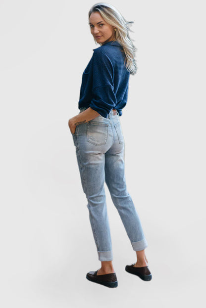 High Rise Jeans with Patch Pockets and Ripped Detailing