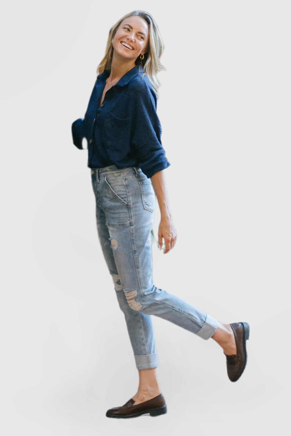 High Rise Jeans with Patch Pockets and Ripped Detailing