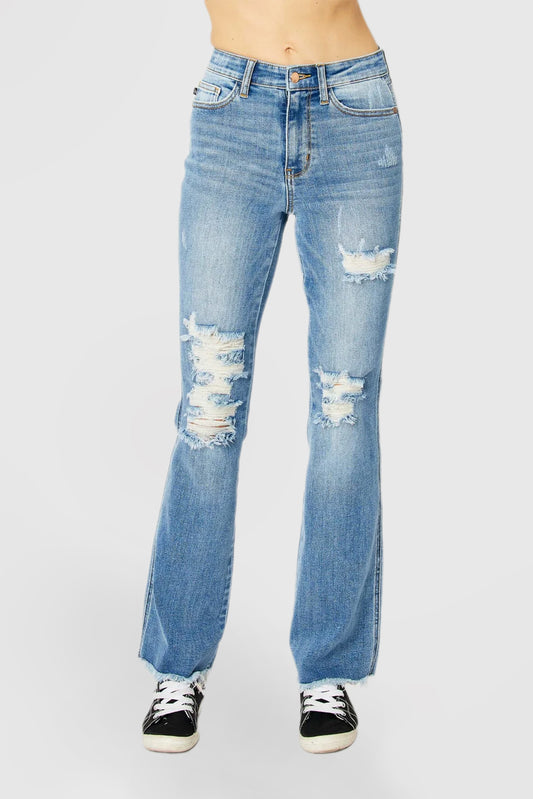 High Rise Bootcut Jeans with Ripped Hem