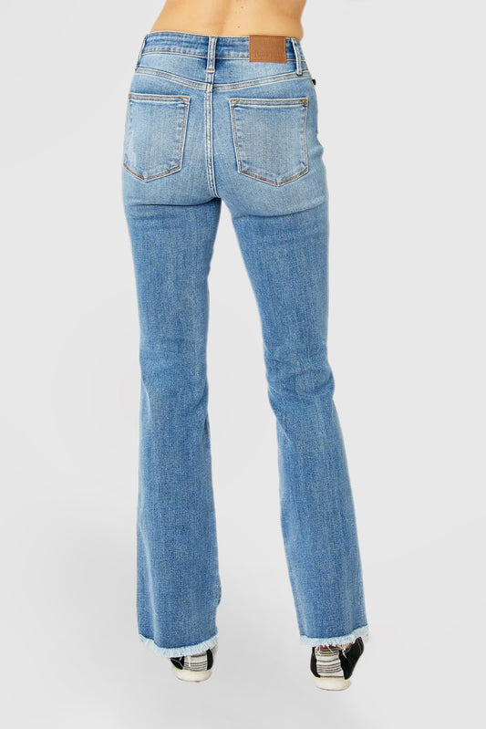 High Rise Bootcut Jeans with Ripped Hem