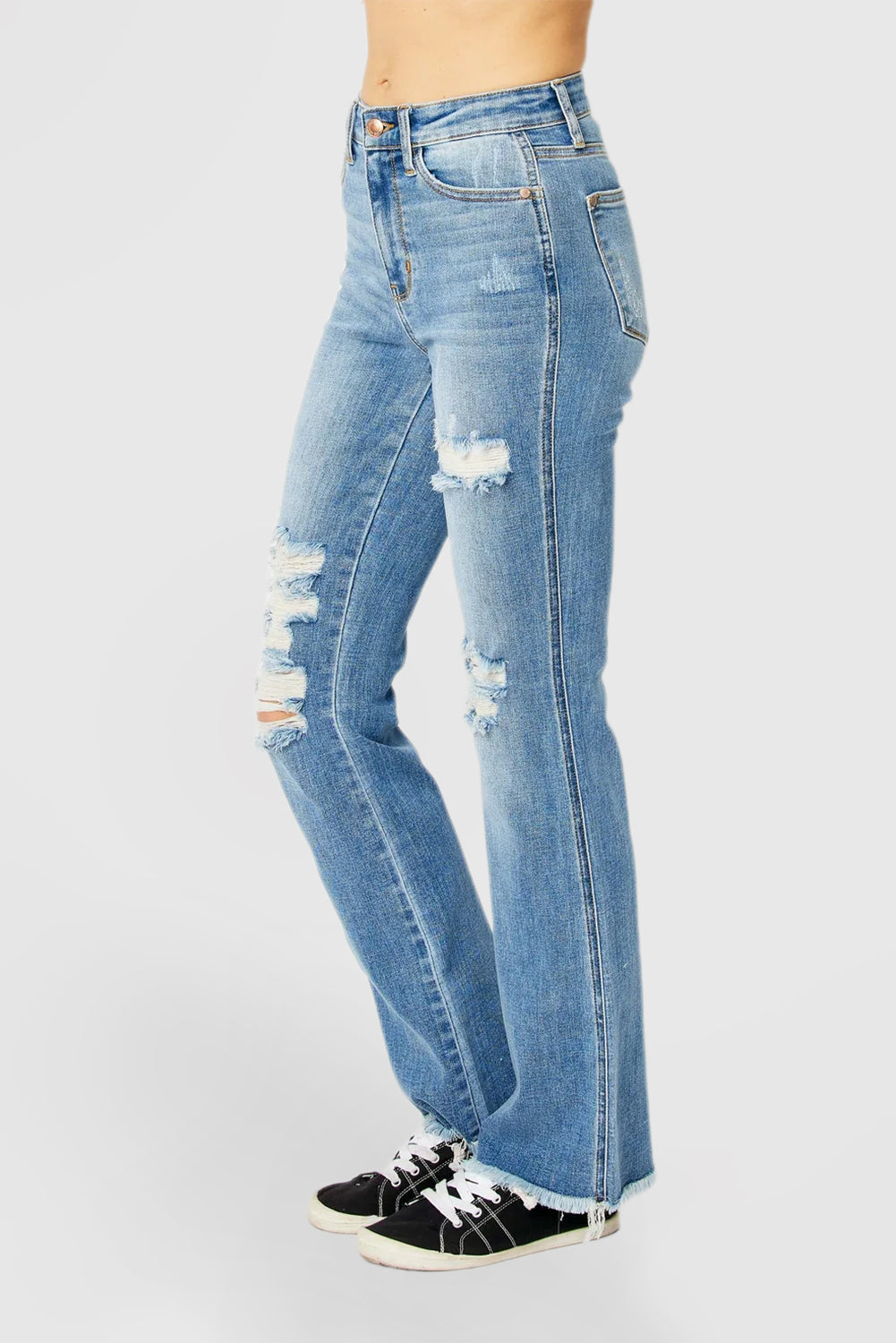 High Rise Bootcut Jeans with Ripped Hem