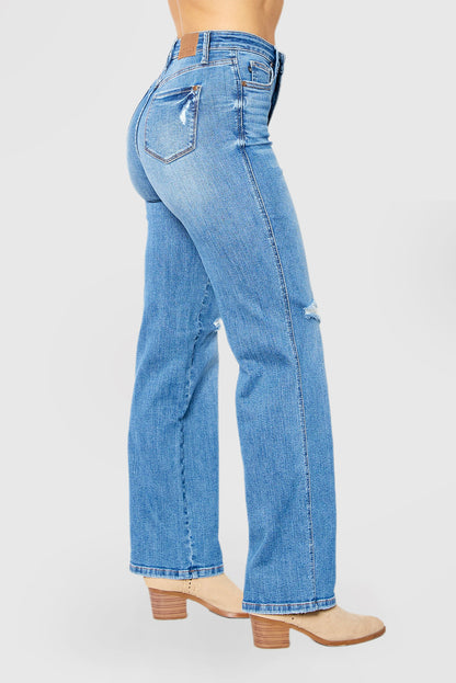 High-Rise Distressed Straight-Leg Jeans