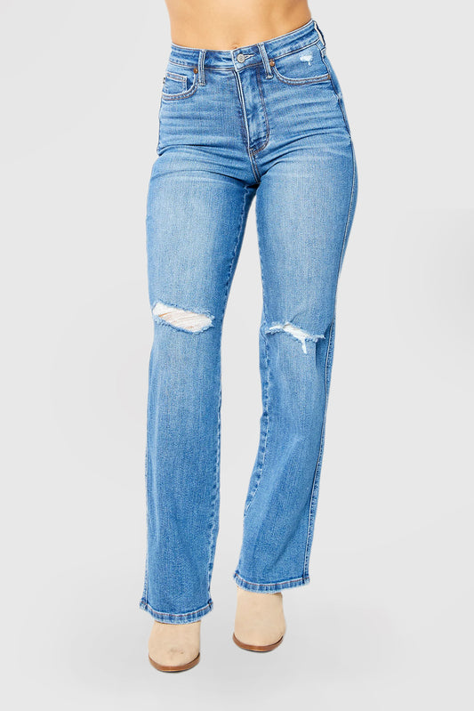 High-Rise Distressed Straight-Leg Jeans