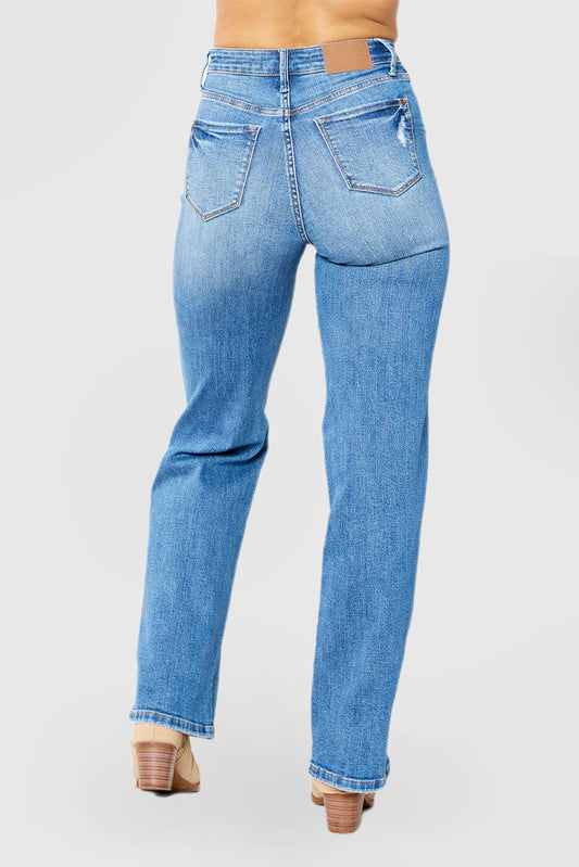 High-Rise Distressed Straight-Leg Jeans