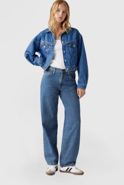 Women's Solid Color Vintage Loose Fit Jeans with Pockets