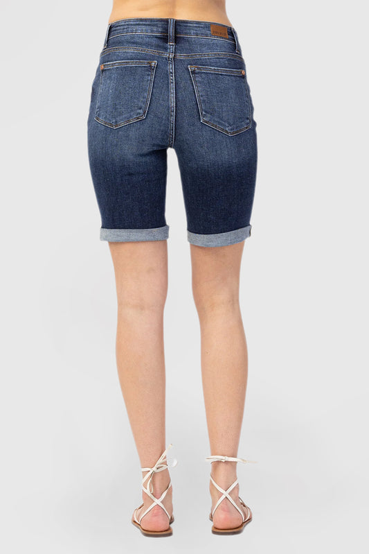 Dark Blue Denim Mid-Length Shorts With Pockets