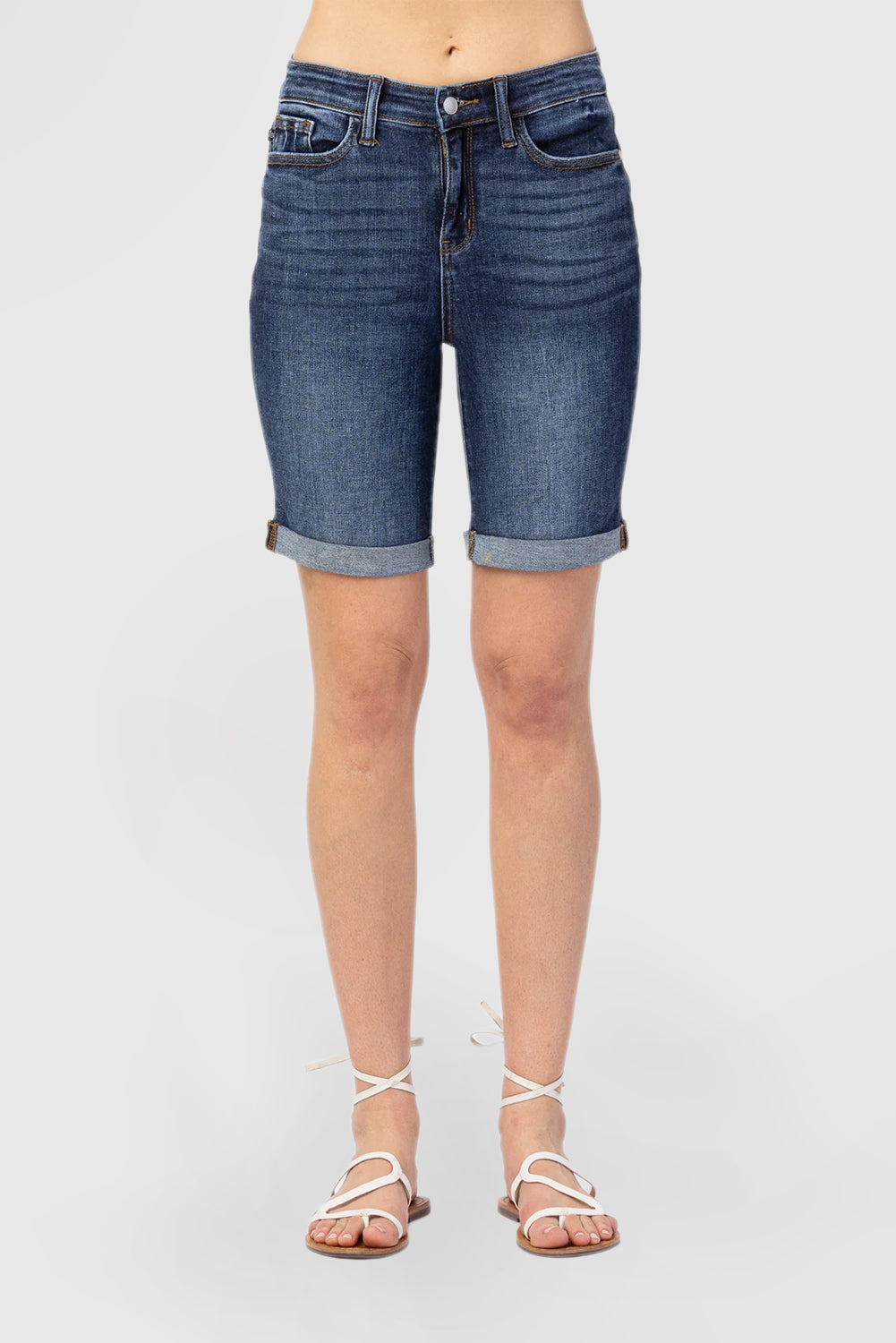 Dark Blue Denim Mid-Length Shorts With Pockets