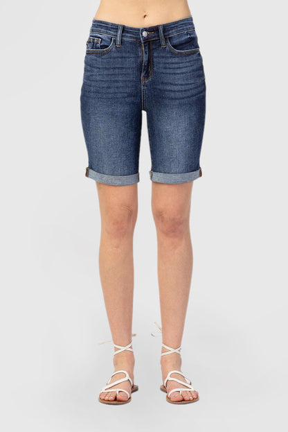 Dark Blue Denim Mid-Length Shorts With Pockets