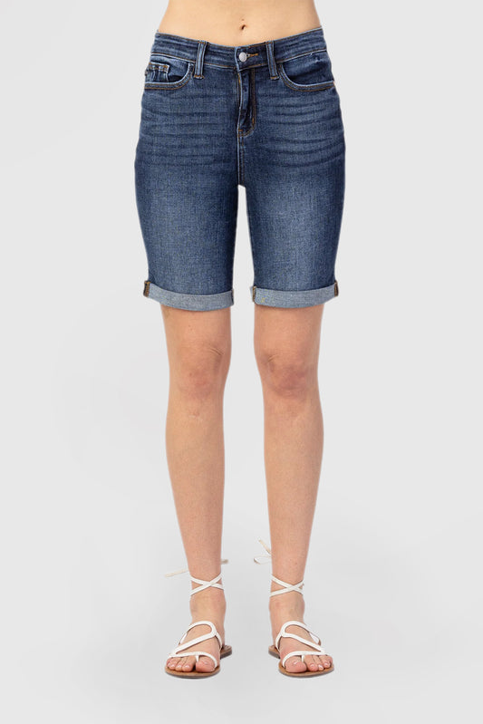 Dark Blue Denim Mid-Length Shorts With Pockets