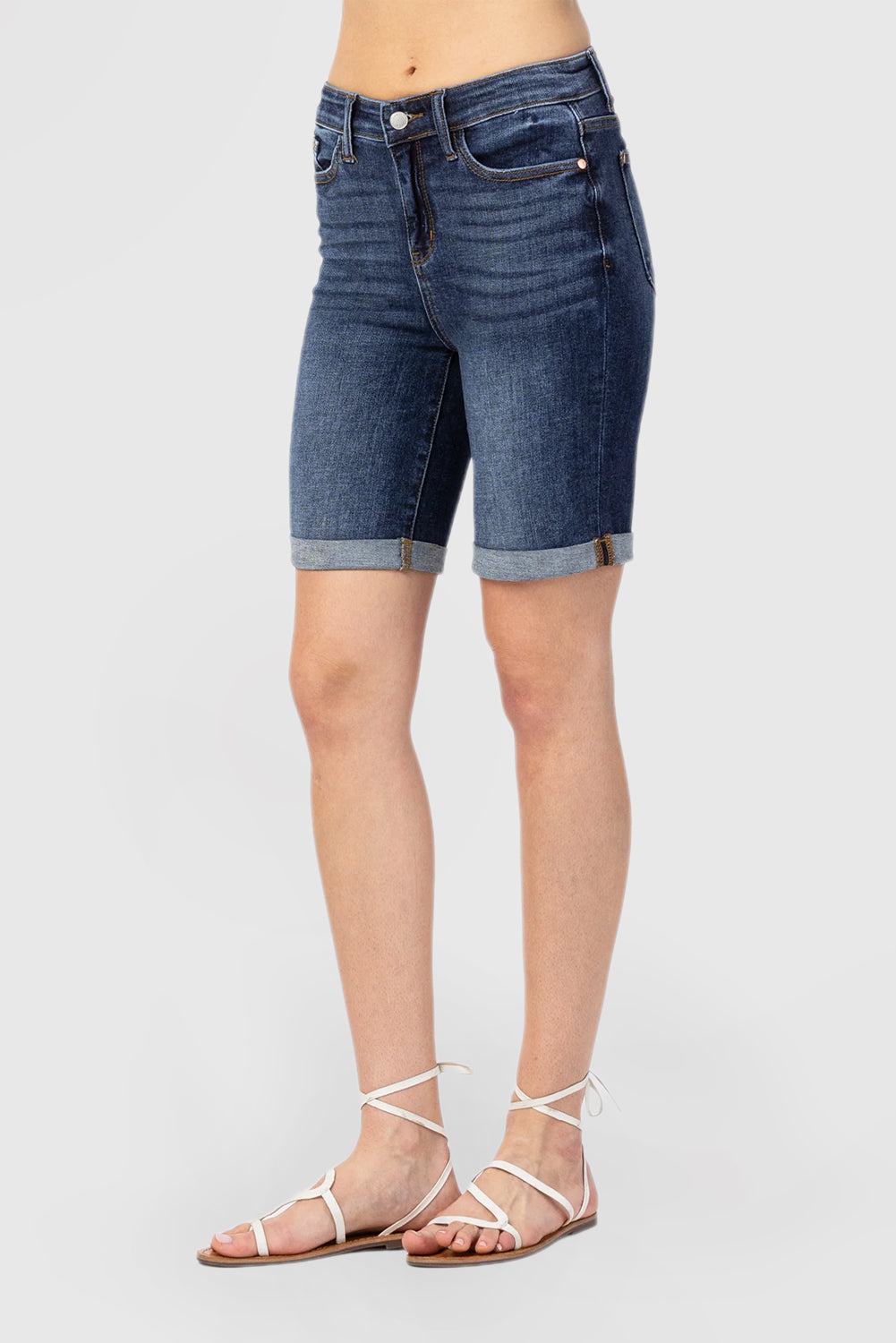 Dark Blue Denim Mid-Length Shorts With Pockets