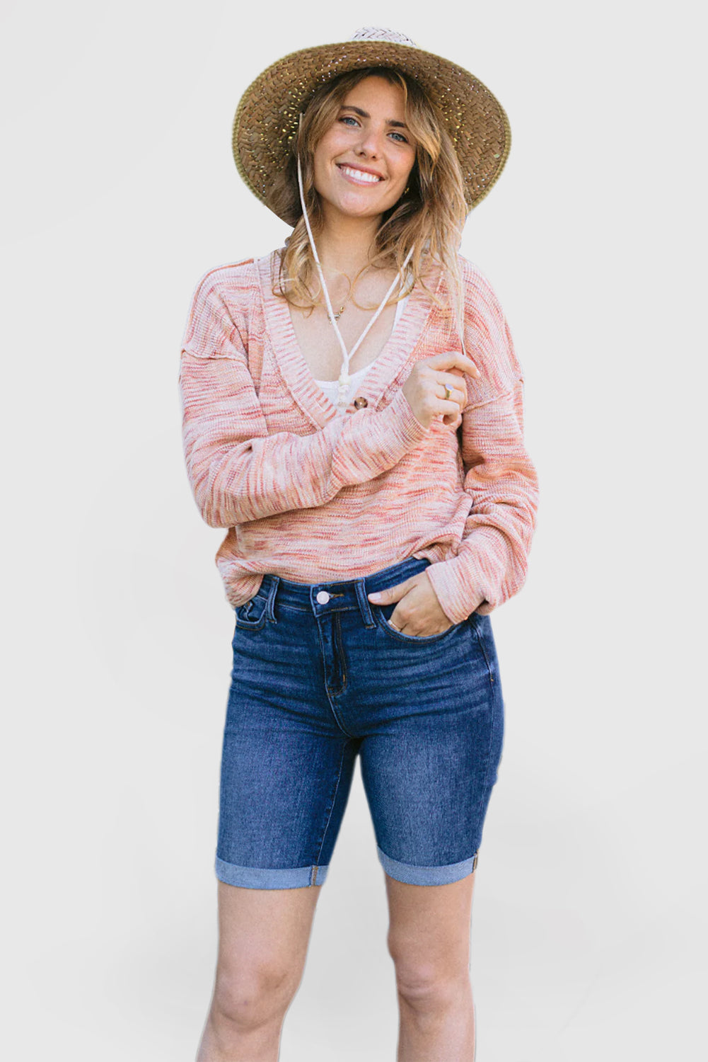 Dark Blue Denim Mid-Length Shorts With Pockets