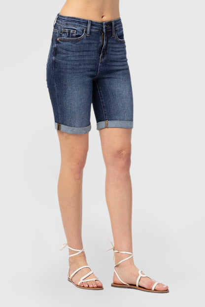 Dark Blue Denim Mid-Length Shorts With Pockets