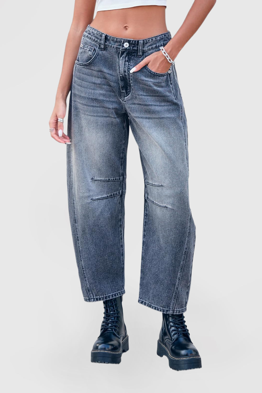 Women's Mid-Rise Wide Leg Barrel Jeans - Cropped Y2K Baggy Boyfriend Denim