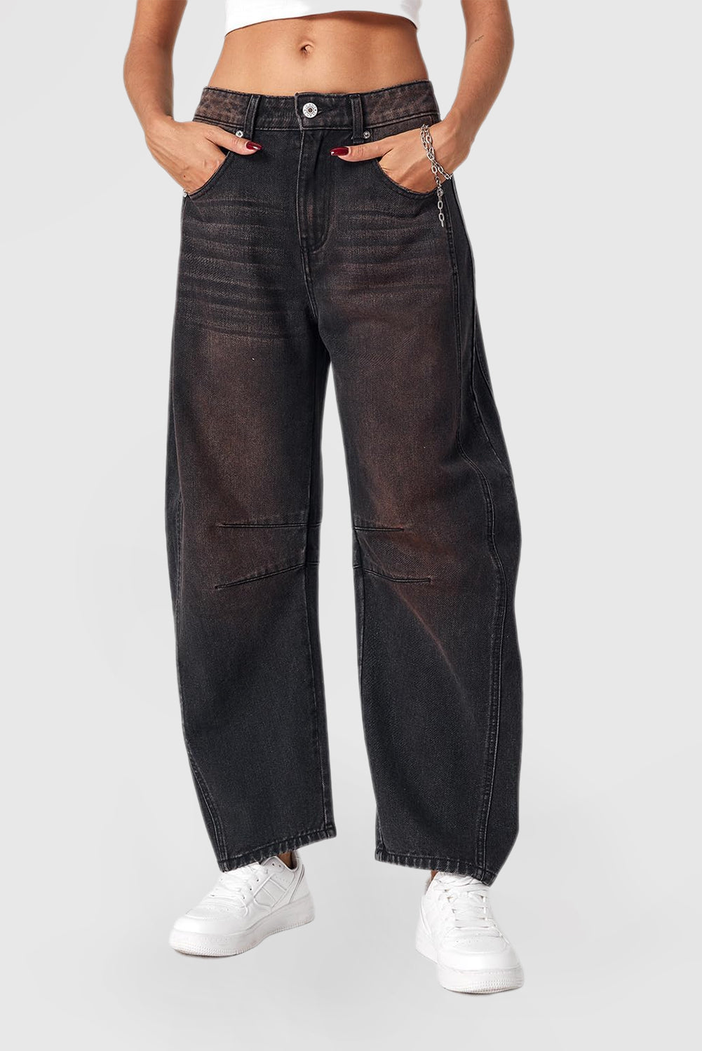 Women's Mid-Rise Wide Leg Barrel Jeans - Cropped Y2K Baggy Boyfriend Denim