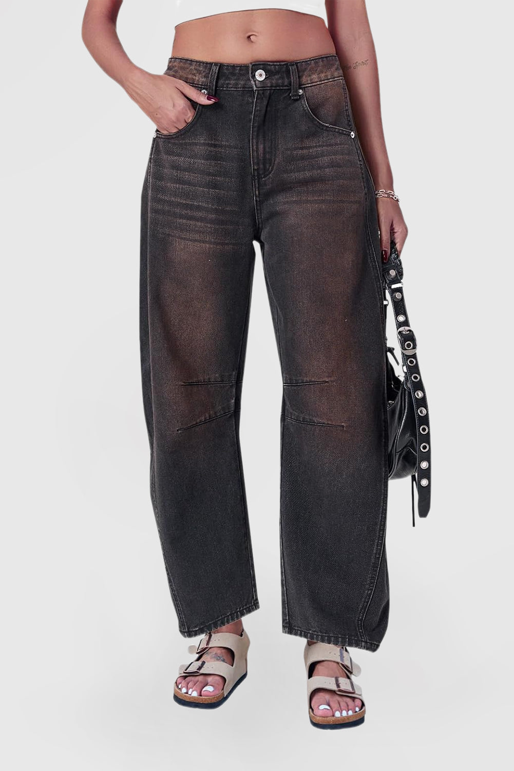 Women's Mid-Rise Wide Leg Barrel Jeans - Cropped Y2K Baggy Boyfriend Denim