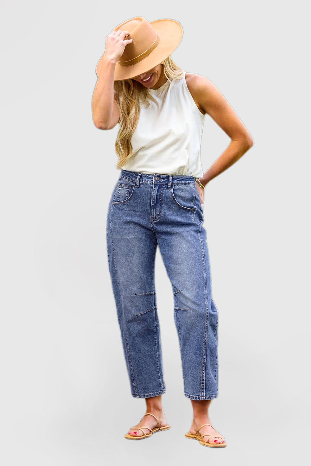 Women's High-Waisted Barrel Jeans - Wide-Leg Baggy Cropped Stretch Denim Trousers