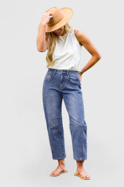 Women's High-Waisted Barrel Jeans - Wide-Leg Baggy Cropped Stretch Denim Trousers
