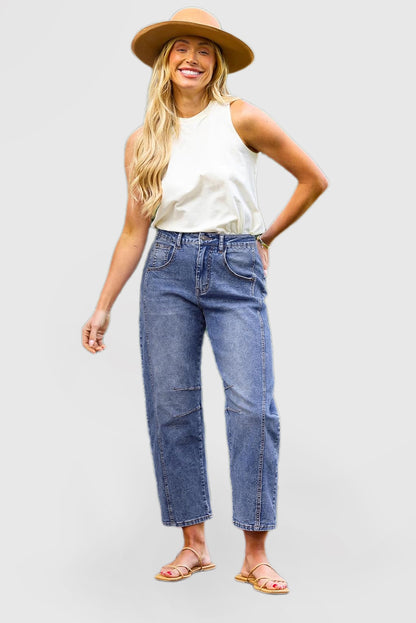 Women's High-Waisted Barrel Jeans - Wide-Leg Baggy Cropped Stretch Denim Trousers
